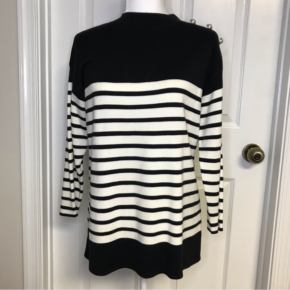 Talbots black/white cotton/viscose striped tunic crew neck/pearl button feature